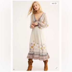 Free People Wishing Well Metallic Lurex Stripe Boho Printed Midi Dress L
